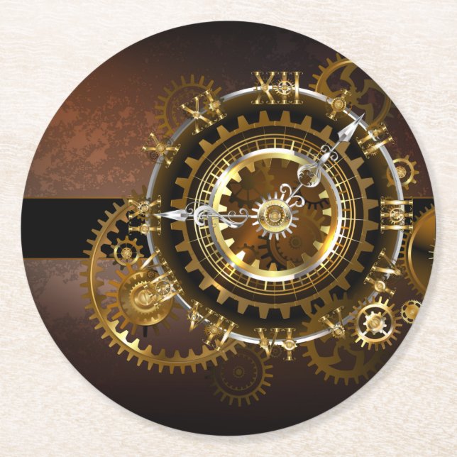 Steampunk clock with antique gears round paper coaster (Front)