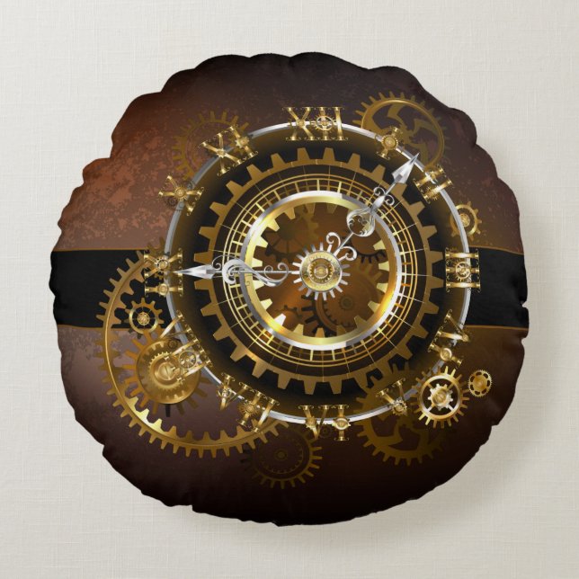 Steampunk clock with antique gears round pillow (Front)
