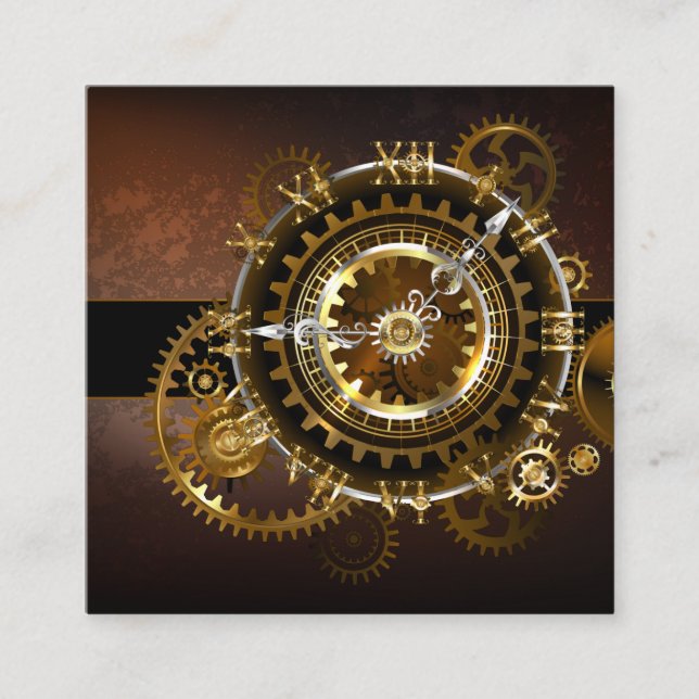 Steampunk clock with antique gears square business card (Front)