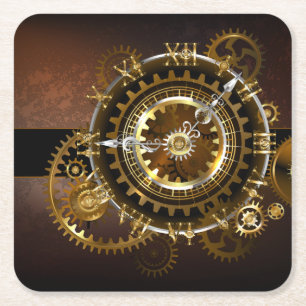 Steampunk clock with antique gears square paper coaster