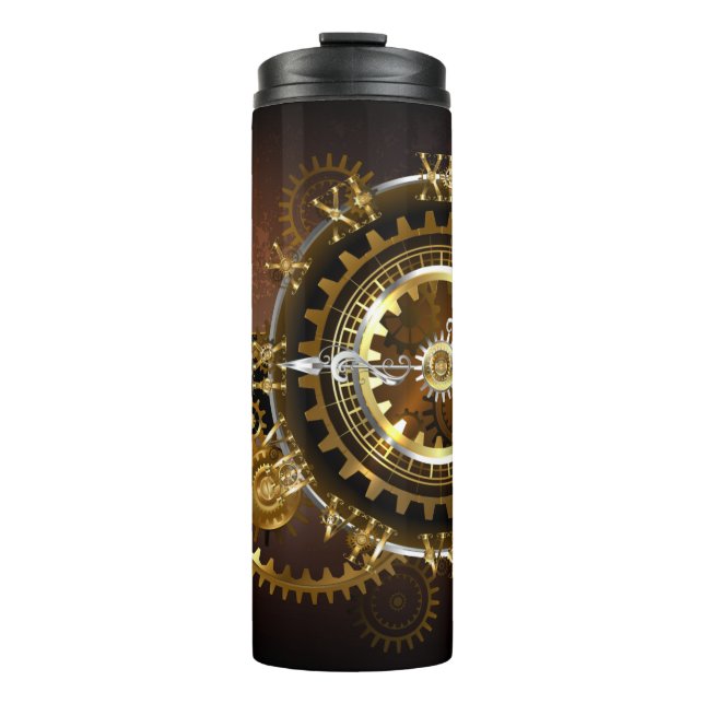 Steampunk clock with antique gears thermal tumbler (Front)