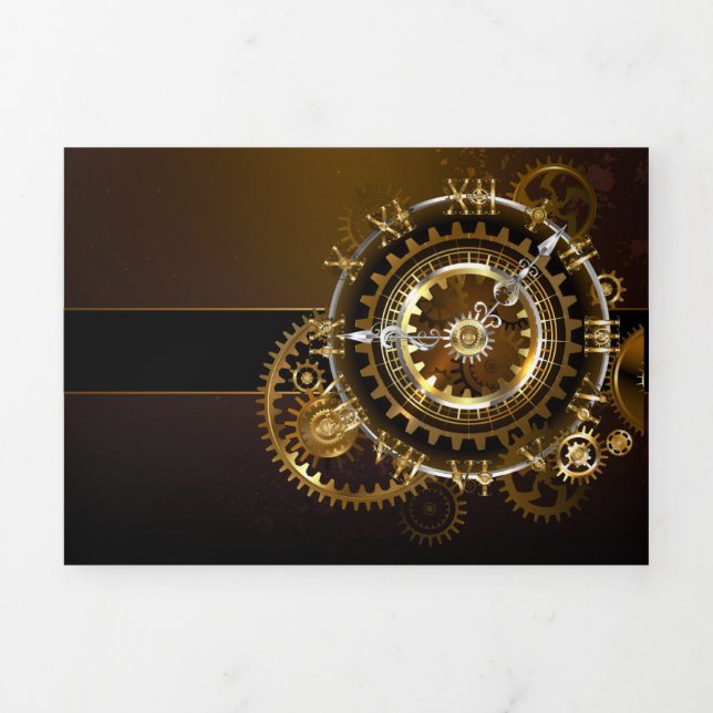 Steampunk clock with antique gears Tri-Fold announcement (Cover)