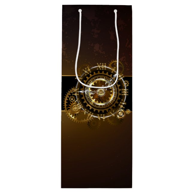 Steampunk clock with antique gears wine gift bag (Front)