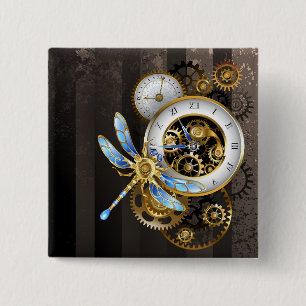 Steampunk Clock with Mechanical Dragonfly 2 Inch Square Button