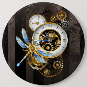 Steampunk Clock with Mechanical Dragonfly 6 Inch Round Button