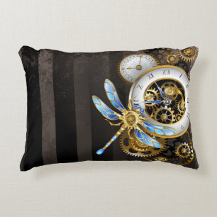 Steampunk Clock with Mechanical Dragonfly Accent Pillow