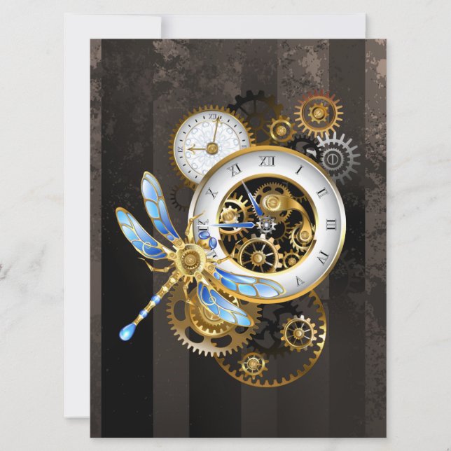 Steampunk Clock with Mechanical Dragonfly Announcement (Front)