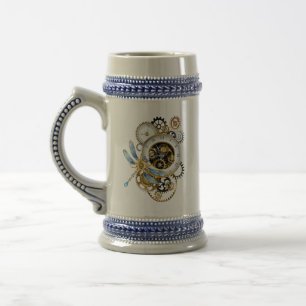 Steampunk Clock with Mechanical Dragonfly Beer Stein