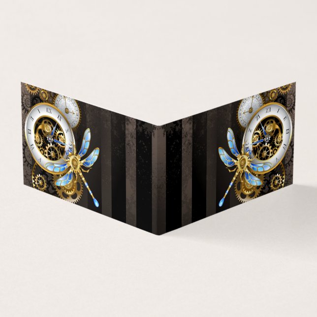 Steampunk Clock with Mechanical Dragonfly Business Card (Outside)
