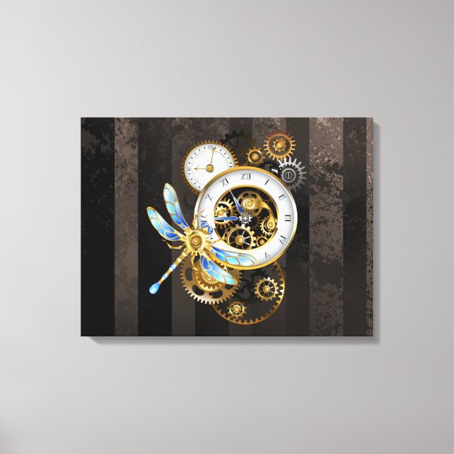 Steampunk Clock with Mechanical Dragonfly Canvas Print (Front)