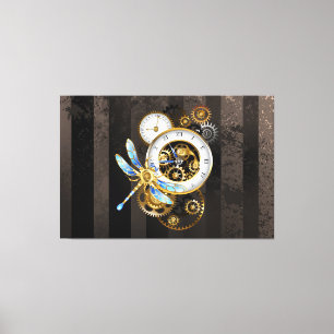 Steampunk Clock with Mechanical Dragonfly Canvas Print