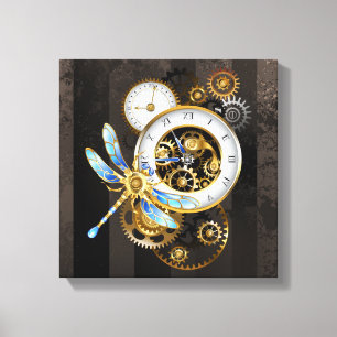 Steampunk Clock with Mechanical Dragonfly Canvas Print