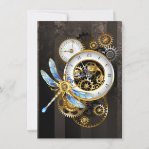 Steampunk Clock with Mechanical Dragonfly Card