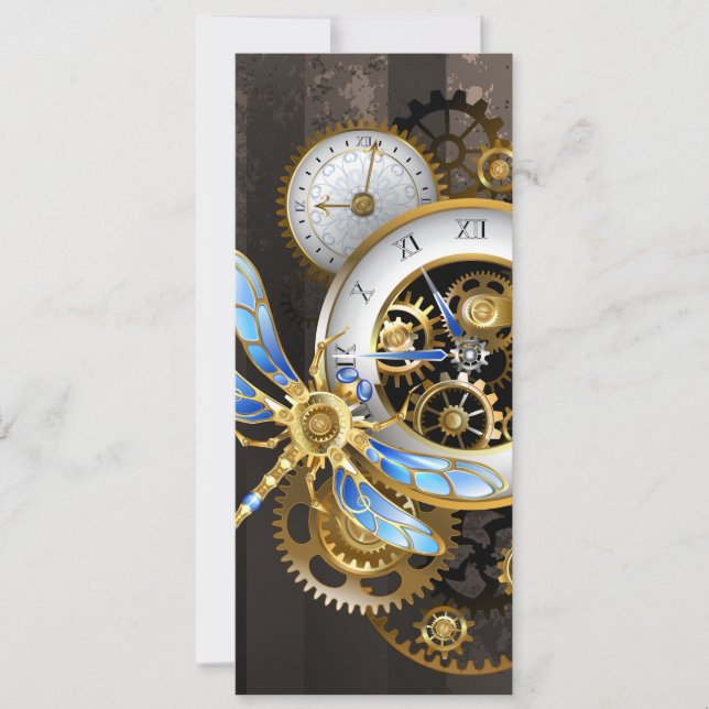 Steampunk Clock with Mechanical Dragonfly Card (Front)