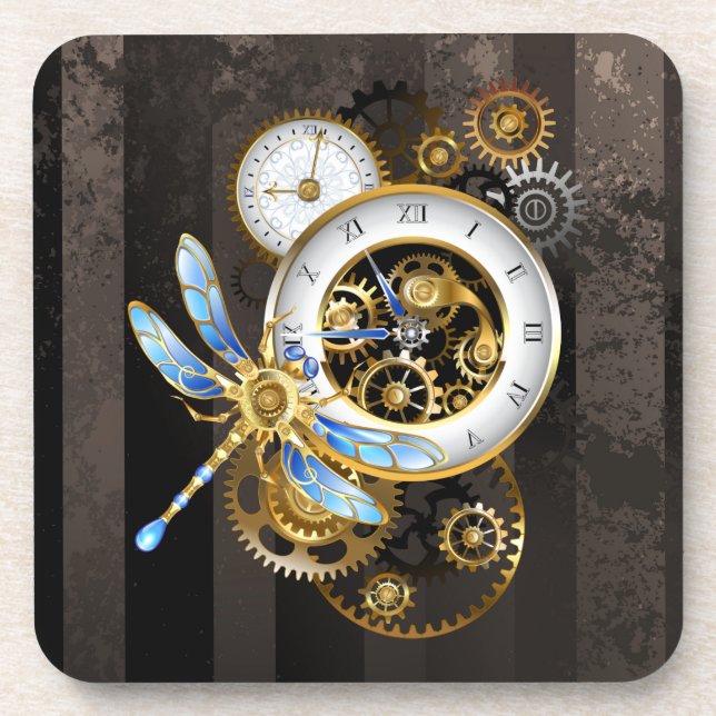 Steampunk Clock with Mechanical Dragonfly Coaster (Front)