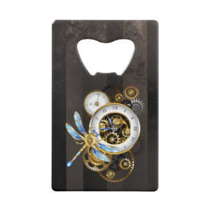 Steampunk Clock with Mechanical Dragonfly Credit Card Bottle Opener