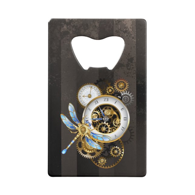 Steampunk Clock with Mechanical Dragonfly Credit Card Bottle Opener (Front)