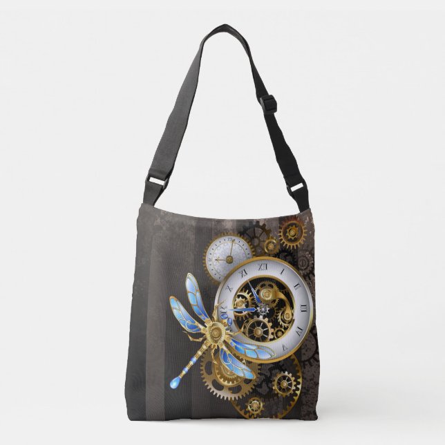 Steampunk Clock with Mechanical Dragonfly Crossbody Bag (Front)