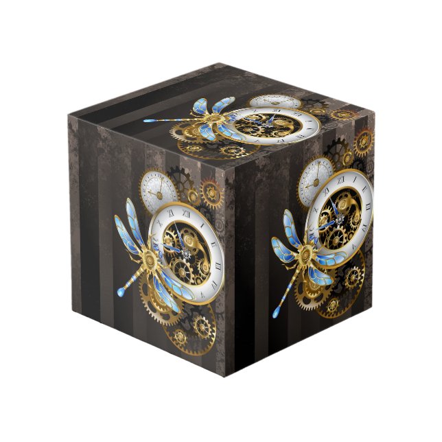 Steampunk Clock with Mechanical Dragonfly Cube (Front Angled)