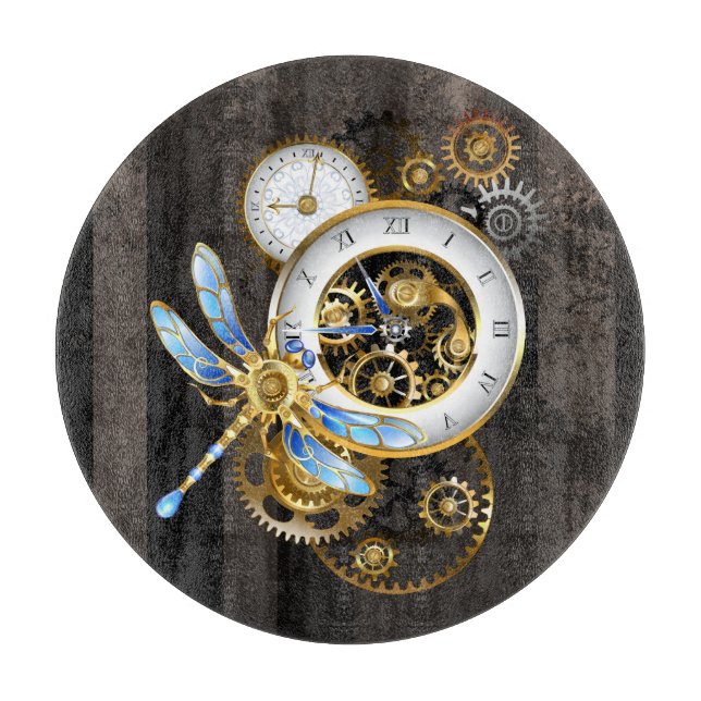 Steampunk Clock with Mechanical Dragonfly Cutting Board (Front)