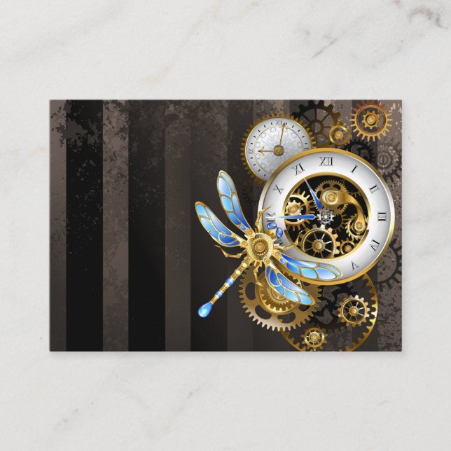 Steampunk Clock with Mechanical Dragonfly Enclosure Card (Front)