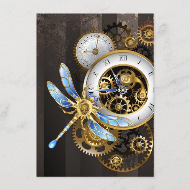 Steampunk Clock with Mechanical Dragonfly Enclosure Card (Front)