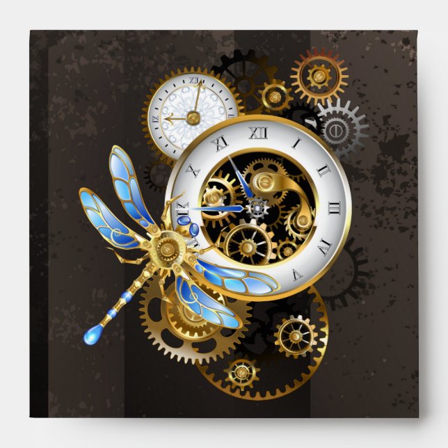 Steampunk Clock with Mechanical Dragonfly Envelope (Front)
