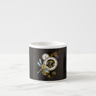 Steampunk Clock with Mechanical Dragonfly Espresso Cup