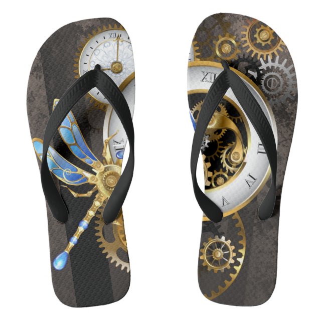 Steampunk Clock with Mechanical Dragonfly Flip Flops (Footbed)