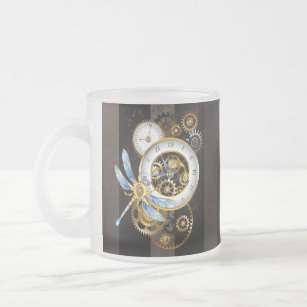 Steampunk Clock with Mechanical Dragonfly Frosted Glass Coffee Mug