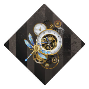 Steampunk Clock with Mechanical Dragonfly Graduation Cap Topper