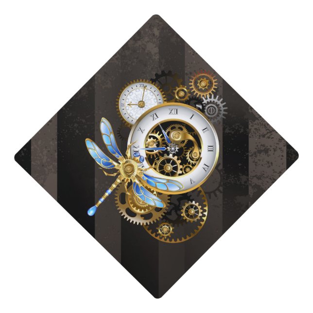 Steampunk Clock with Mechanical Dragonfly Graduation Cap Topper (Front)
