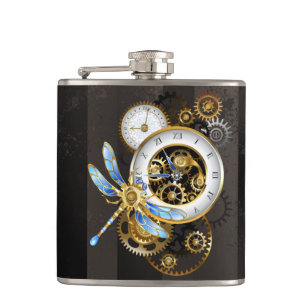 Steampunk Clock with Mechanical Dragonfly Hip Flask