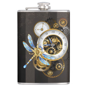 Steampunk Clock with Mechanical Dragonfly Hip Flask