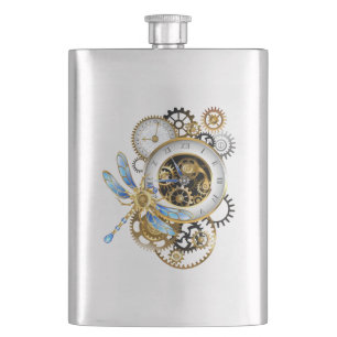 Steampunk Clock with Mechanical Dragonfly Hip Flask