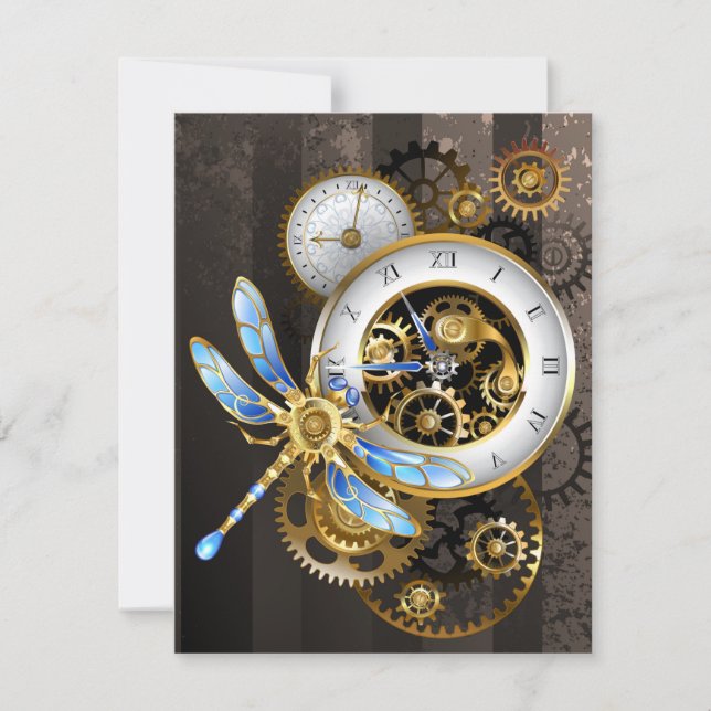 Steampunk Clock with Mechanical Dragonfly Holiday Card (Front)