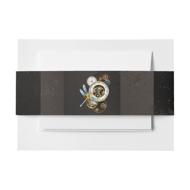Steampunk Clock with Mechanical Dragonfly Invitation Belly Band (Front Example)