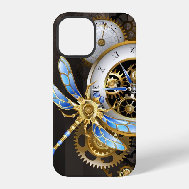 Steampunk Clock with Mechanical Dragonfly iPhone Case (Back)