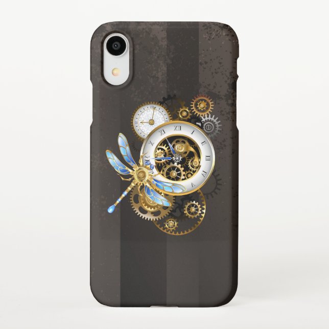 Steampunk Clock with Mechanical Dragonfly iPhone Case (Back)
