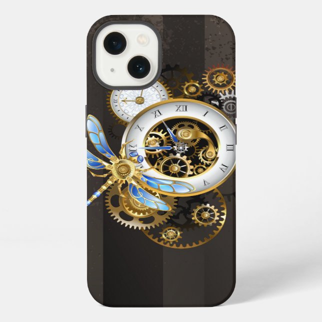 Steampunk Clock with Mechanical Dragonfly iPhone Case (Back)