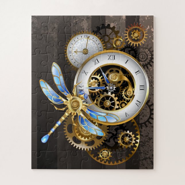 Steampunk Clock with Mechanical Dragonfly Jigsaw Puzzle (Vertical)