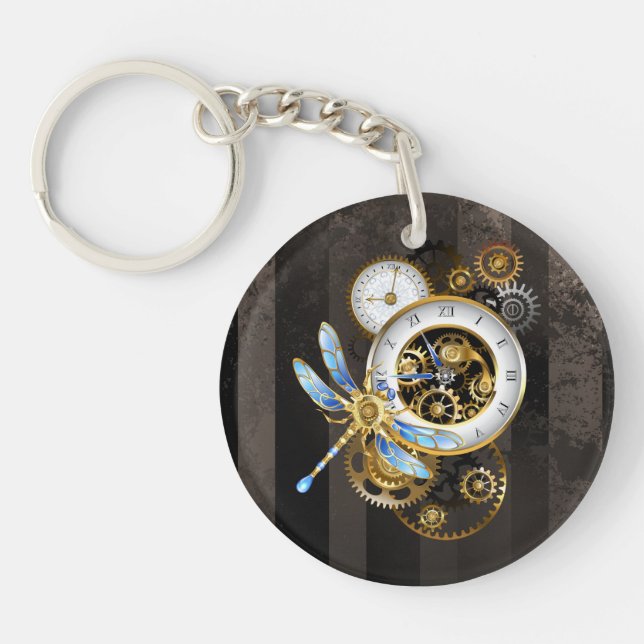 Steampunk Clock with Mechanical Dragonfly Keychain (Front)