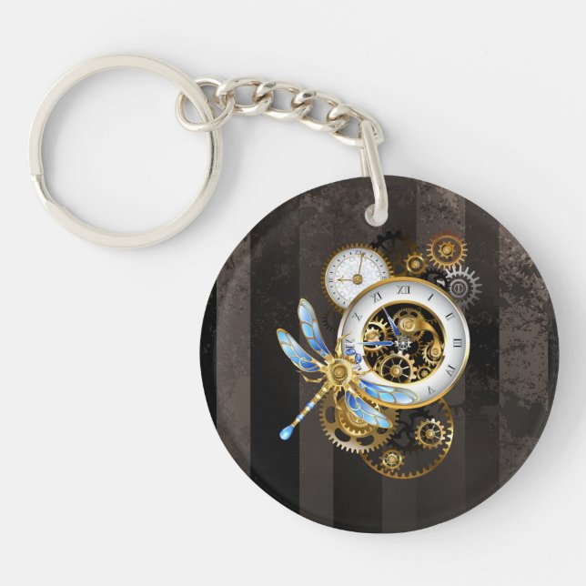 Steampunk Clock with Mechanical Dragonfly Keychain (Front)