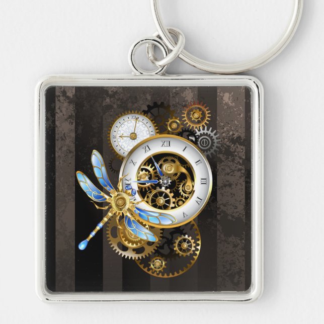 Steampunk Clock with Mechanical Dragonfly Keychain (Front)