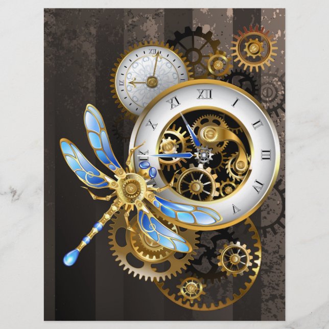 Steampunk Clock with Mechanical Dragonfly Letterhead (Front)