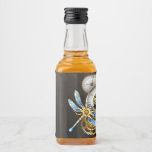 Steampunk Clock with Mechanical Dragonfly Liquor Bottle Label