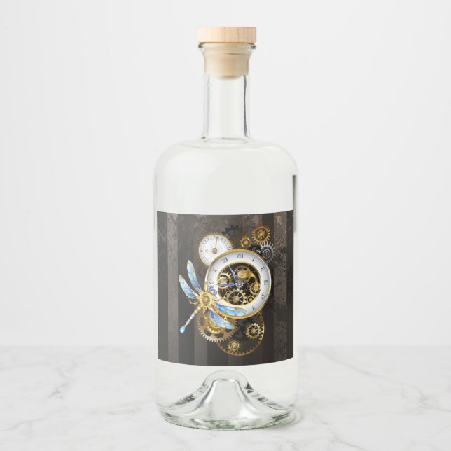 Steampunk Clock with Mechanical Dragonfly Liquor Bottle Label (Front)