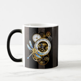 Steampunk Clock with Mechanical Dragonfly Magic Mug
