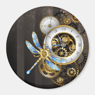 Steampunk Clock with Mechanical Dragonfly Magnet