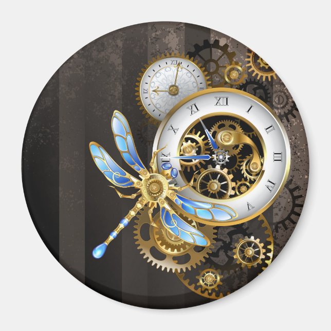Steampunk Clock with Mechanical Dragonfly Magnet (Front)